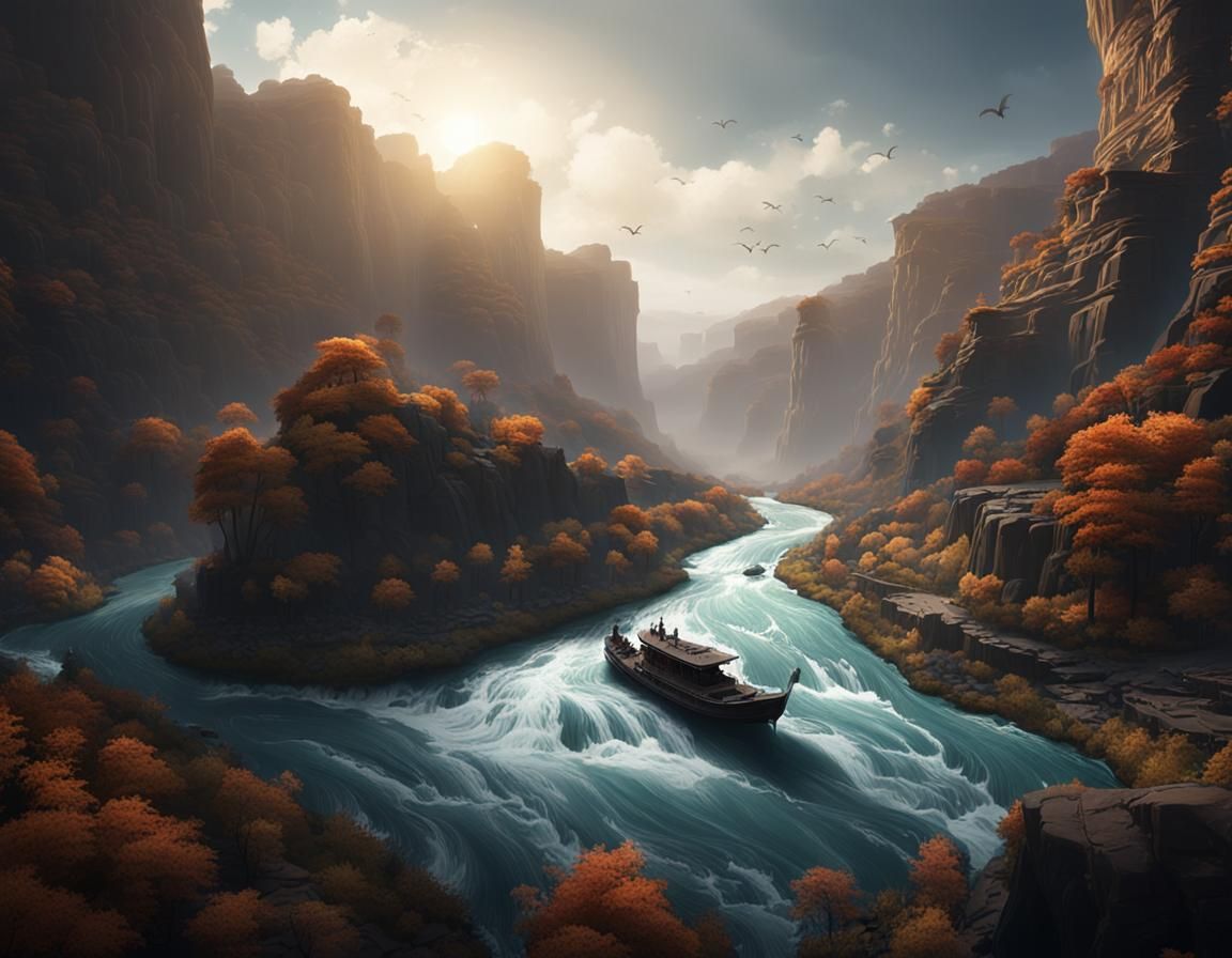 Canyon River Rapids in Detailed Matte Painting Style