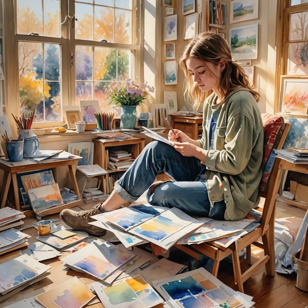 Sunlit Impressionist Artist's Studio in Watercolor