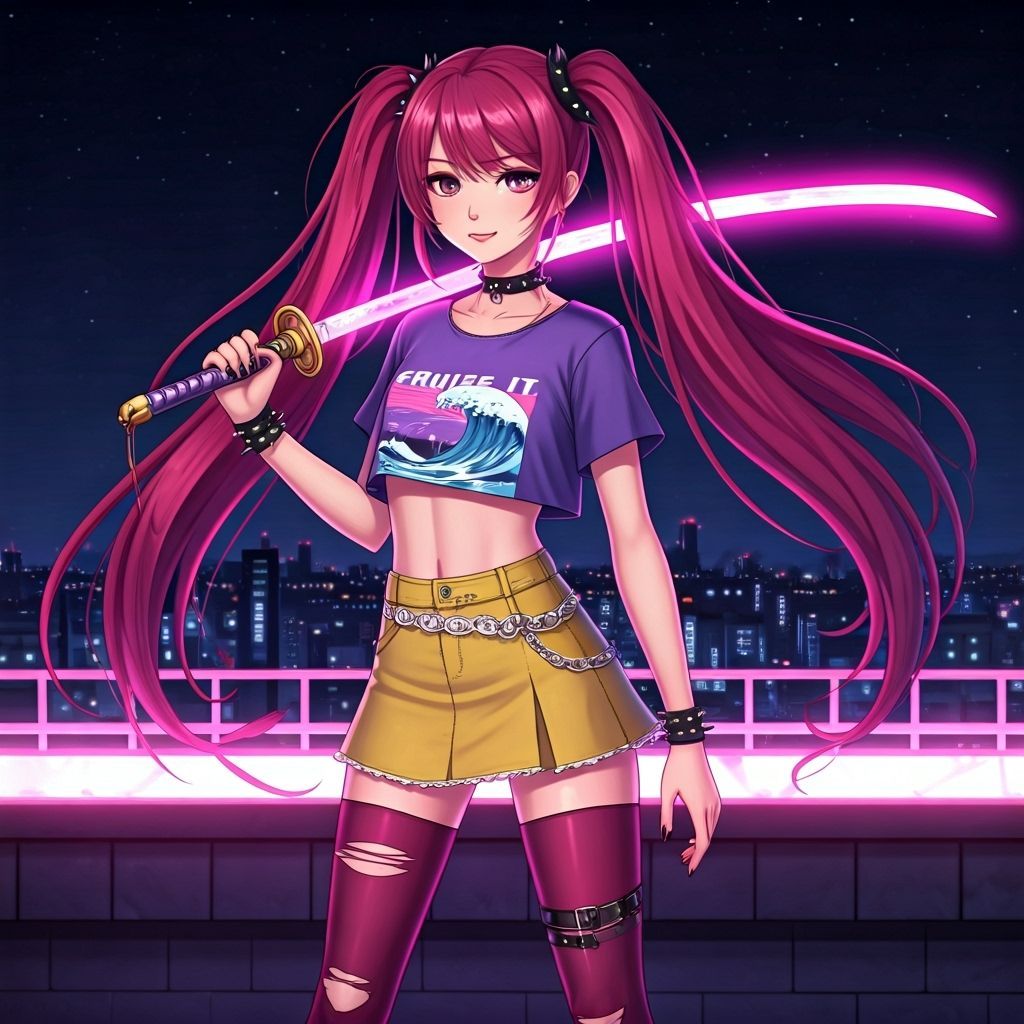 Anime Girl with Moon Sword in Punk Outfit
