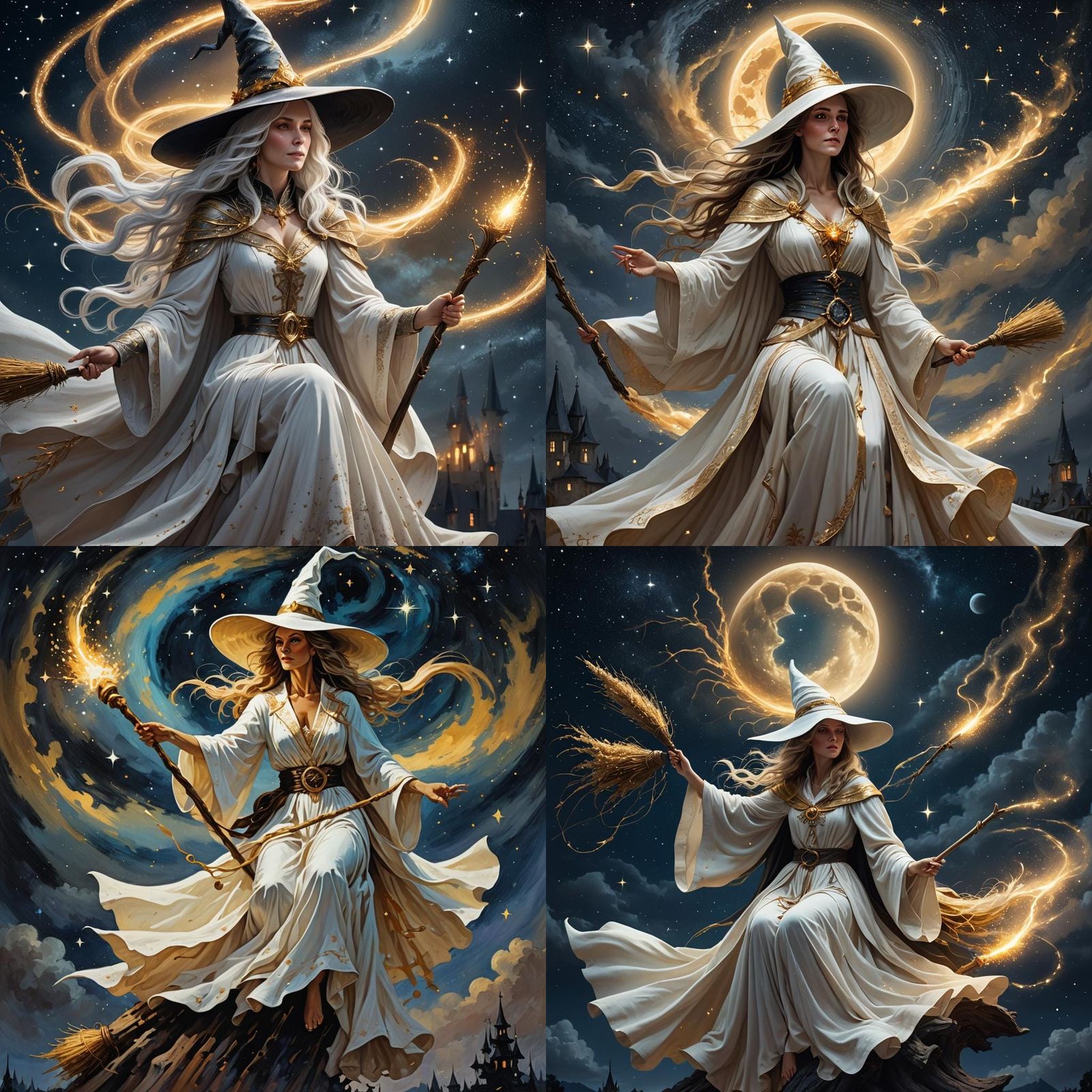 Witch on Golden Broom Flies Through Starry Night