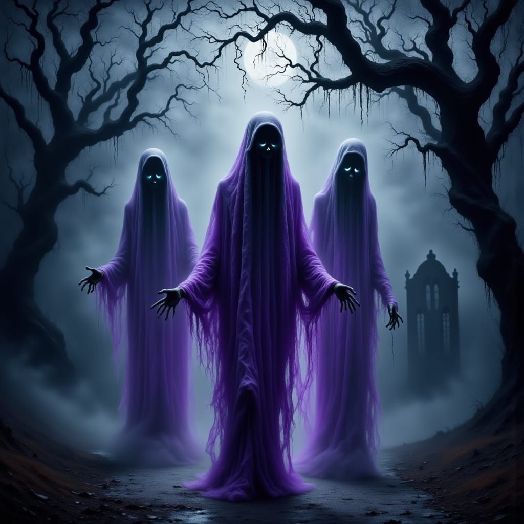 Ethereal Ghosts on Misty Path in Dusk Light