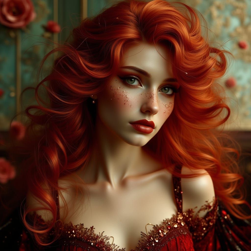 Fiery Redhead in Art Nouveau Style Portrait