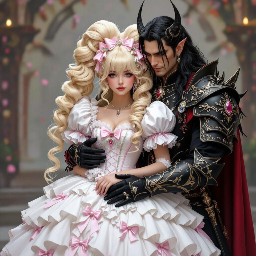Demon King Embraces Bride in Gothic Cathedral