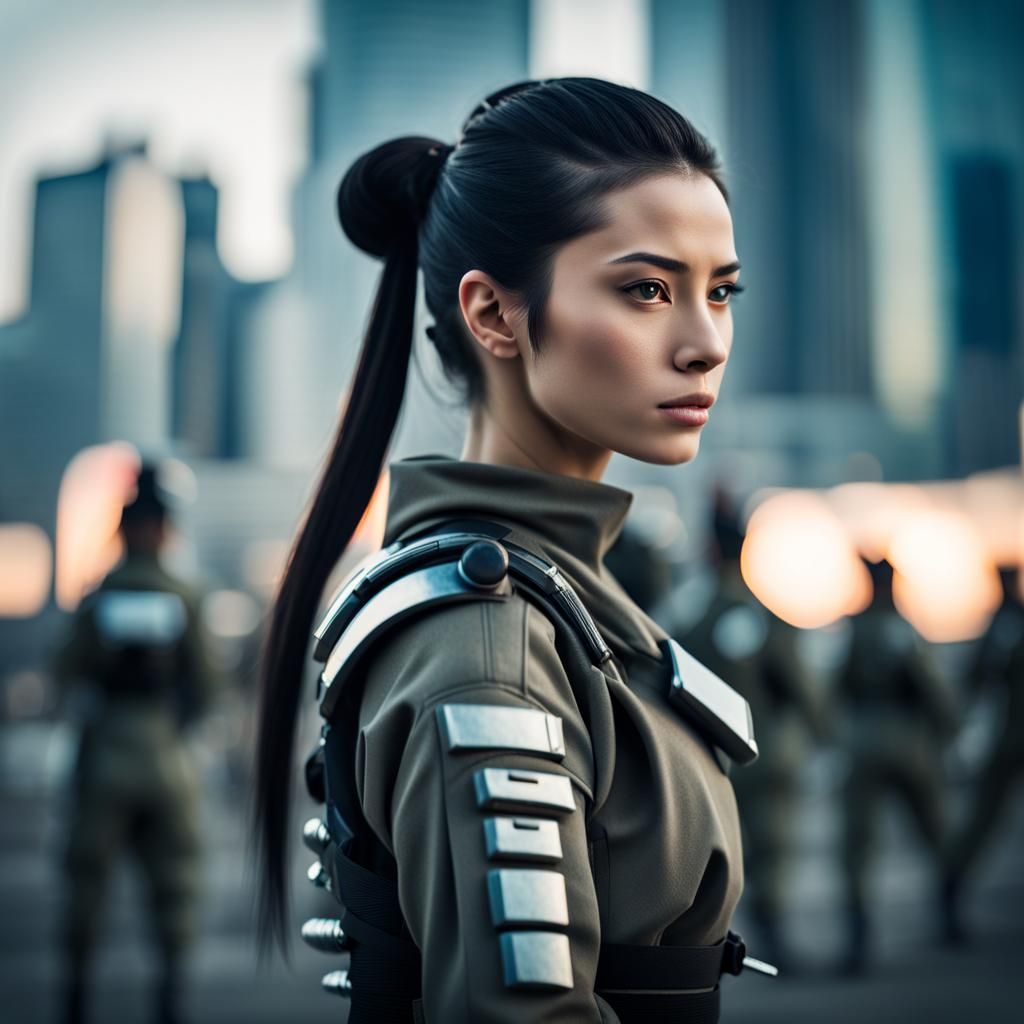 Futuristic Female Shinobi Soldiers in Cityscape