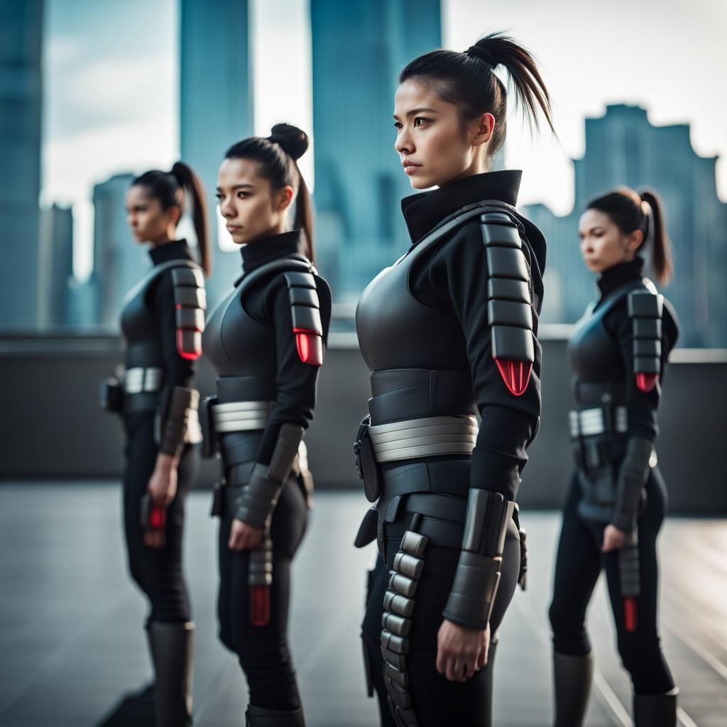 Futuristic Female Shinobi Soldiers in Cityscape