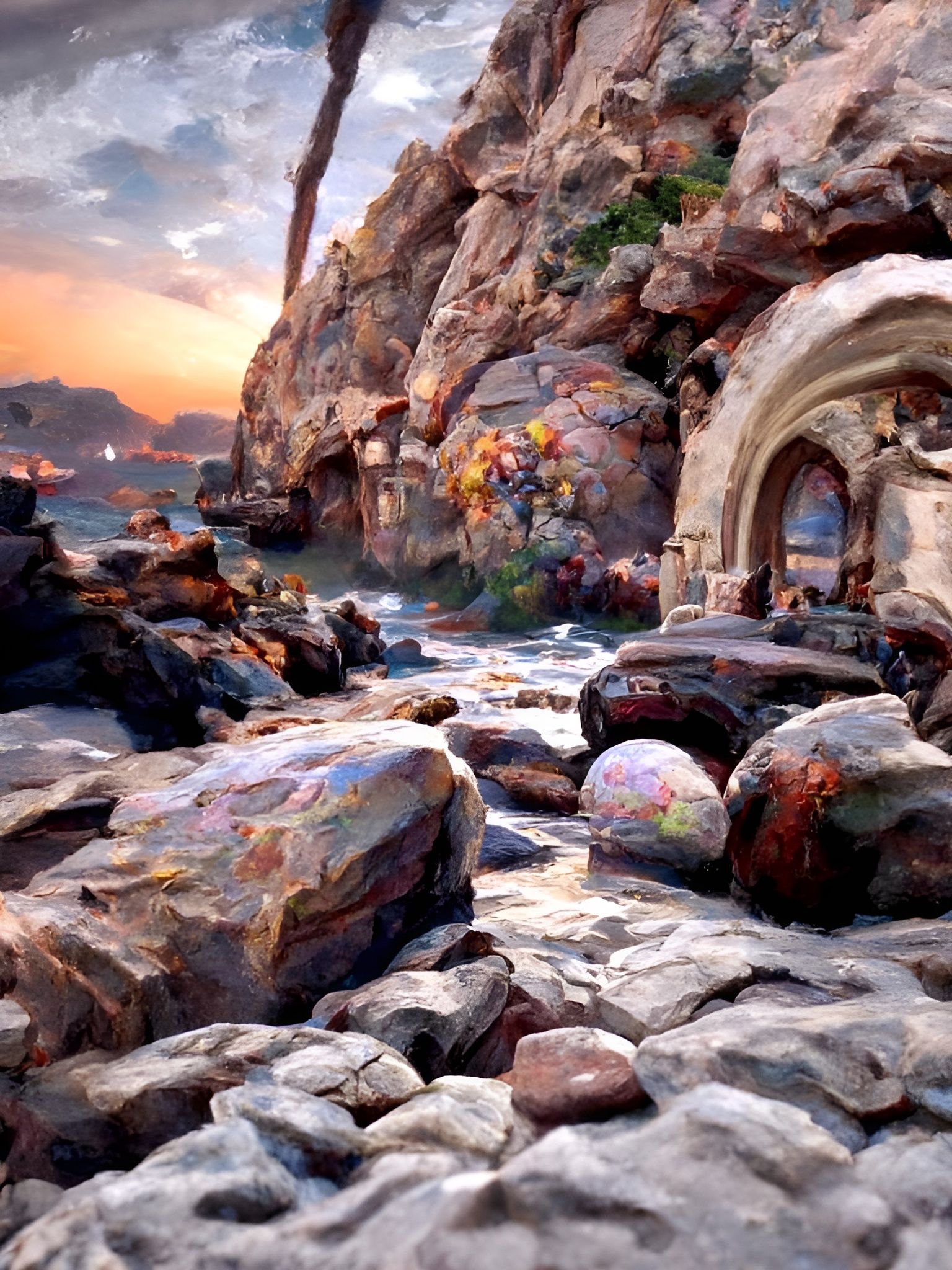 Photorealistic Rocky Beach Sunset with Stone Arches