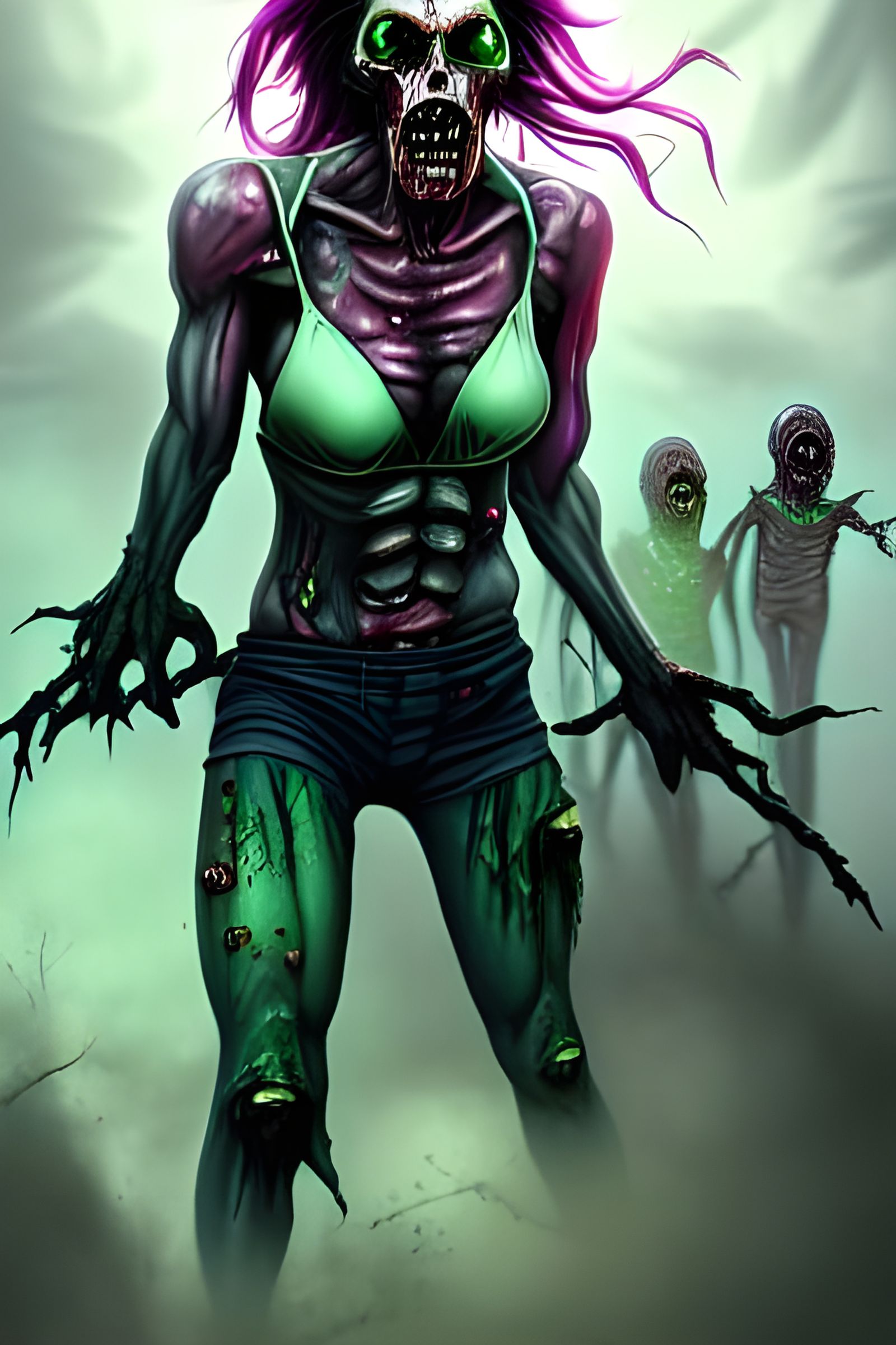 Terrifying Zombie in Green Plasma Lightning: Digital Art