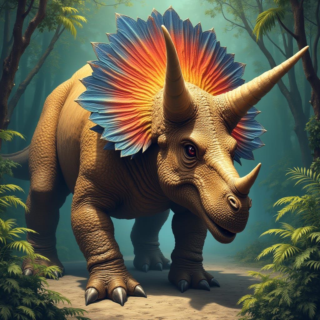 Triceratops with Iridescent Feathers in Jungle
