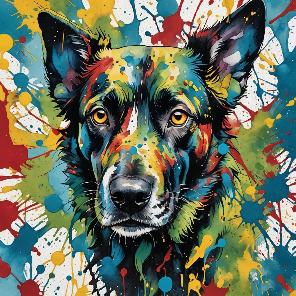 Energetic Dog in Vibrant Ink Splatter Art