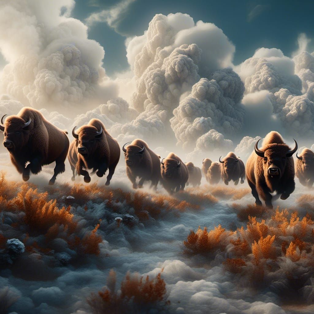 Bison Herd Running in Clouds: Fantasy Concept Art