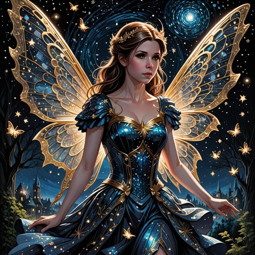 Anna Kendrick Fairy in Shimmering Dress Under Starry Night