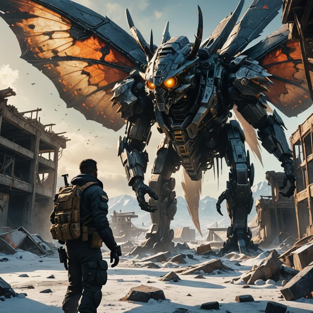 Giant Moth Encounter in Nuketown: Hyperrealistic Concept Art