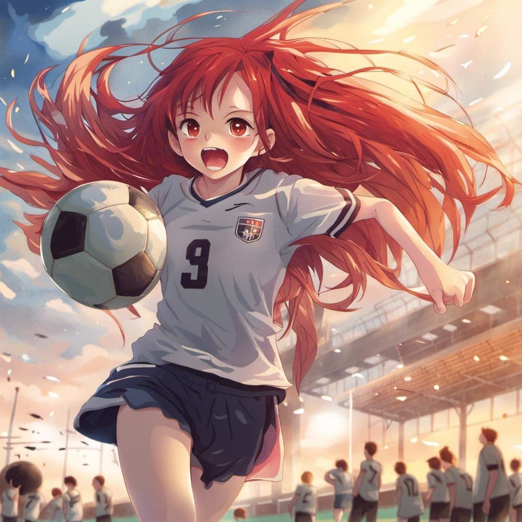 Red-Haired Girl Playing Football in Anime Style