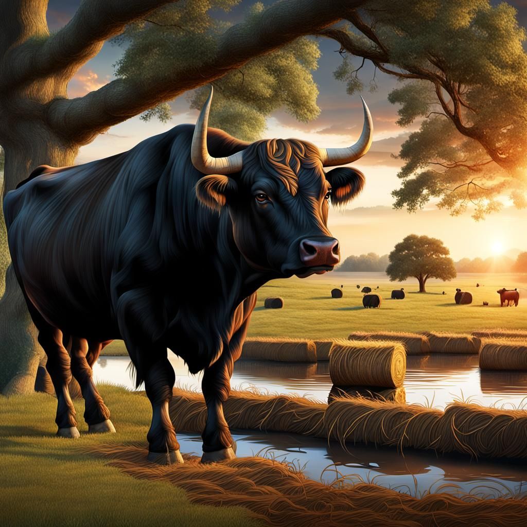 Angus Bull Grazing at Sunset: Digital Matte Painting