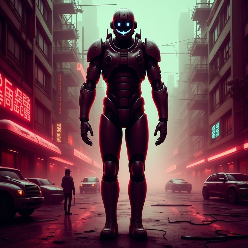 Alien in Cityscape: Sumi-e and Cyberpunk Fusion