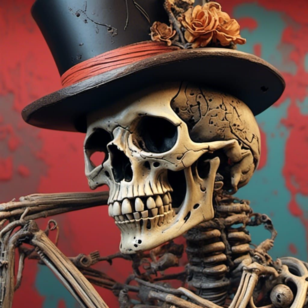 <lora:Boneyard:1.0> a skeleton with a Black stove pipe hat f...