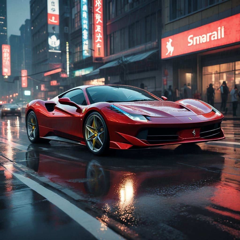 Electric Ferrari Speeds Down Neon-Lit Highway at Dusk