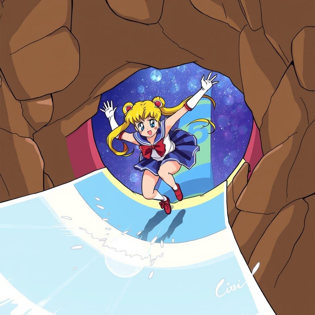 Sailor Moon's Whimsical Descent in a Mysterious Slide