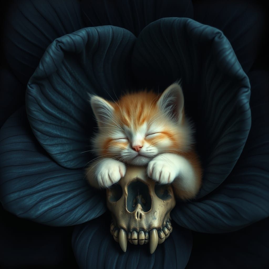 Cat Sleeping in Mystical Skull Flower