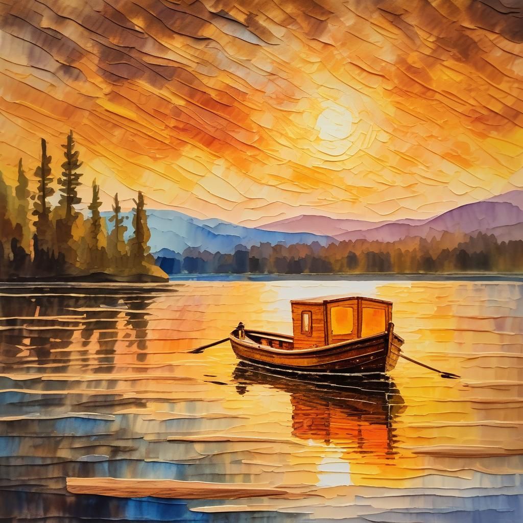 Wooden Boat on Lake at Sunset in Gouache Style