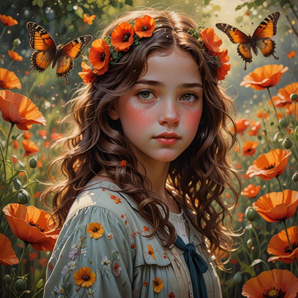 Whimsical Girl Among Blooming Poppies in a Dreamy Landscape