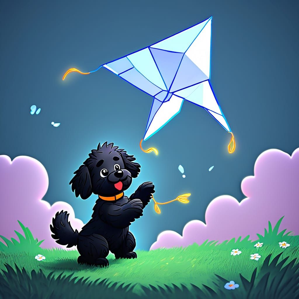 Fluffy Black Dog with Mech Details Plays with Ball