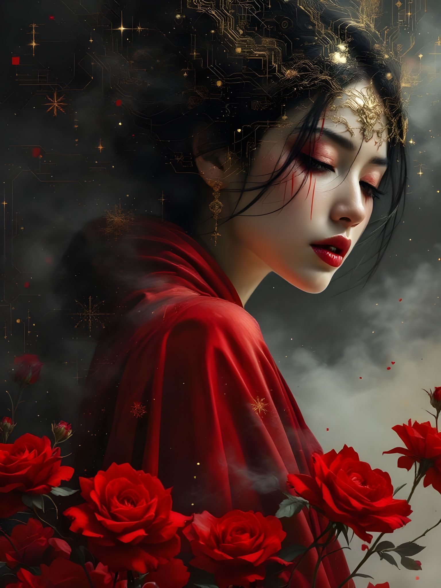 Eurasianfuturist Woman in Baroque Cyberpunk Style