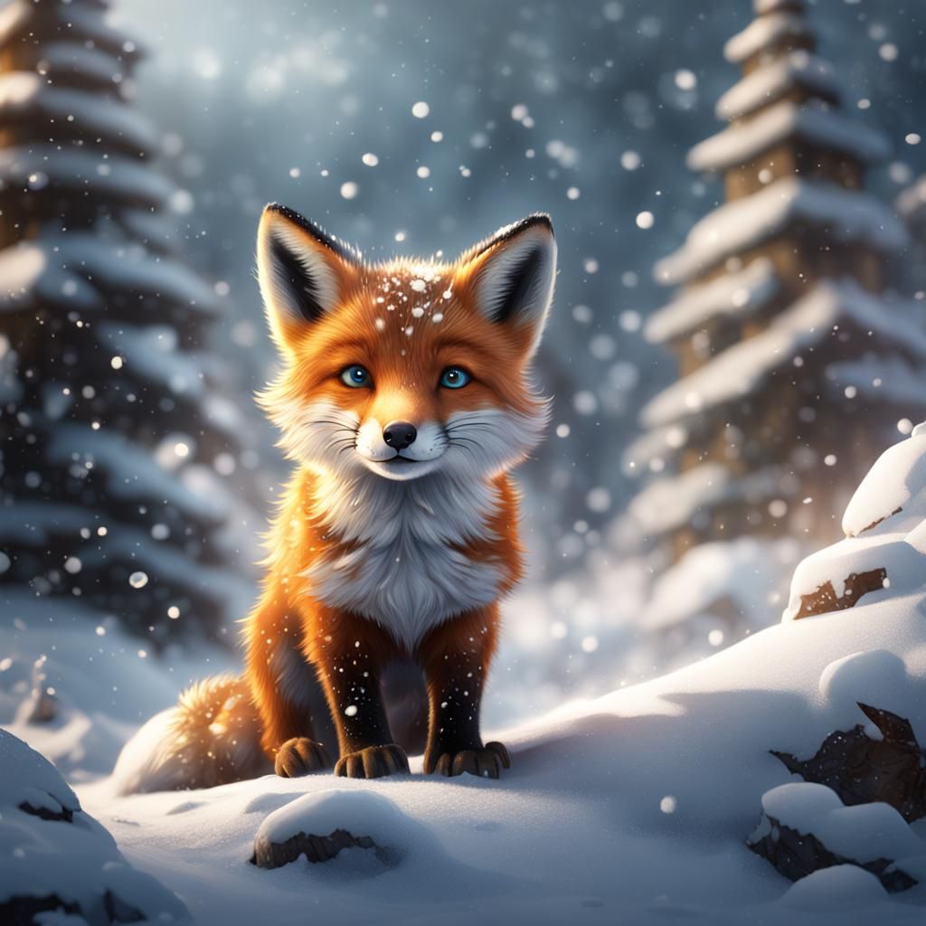 Fox Cub in Snow: Detailed Matte Painting