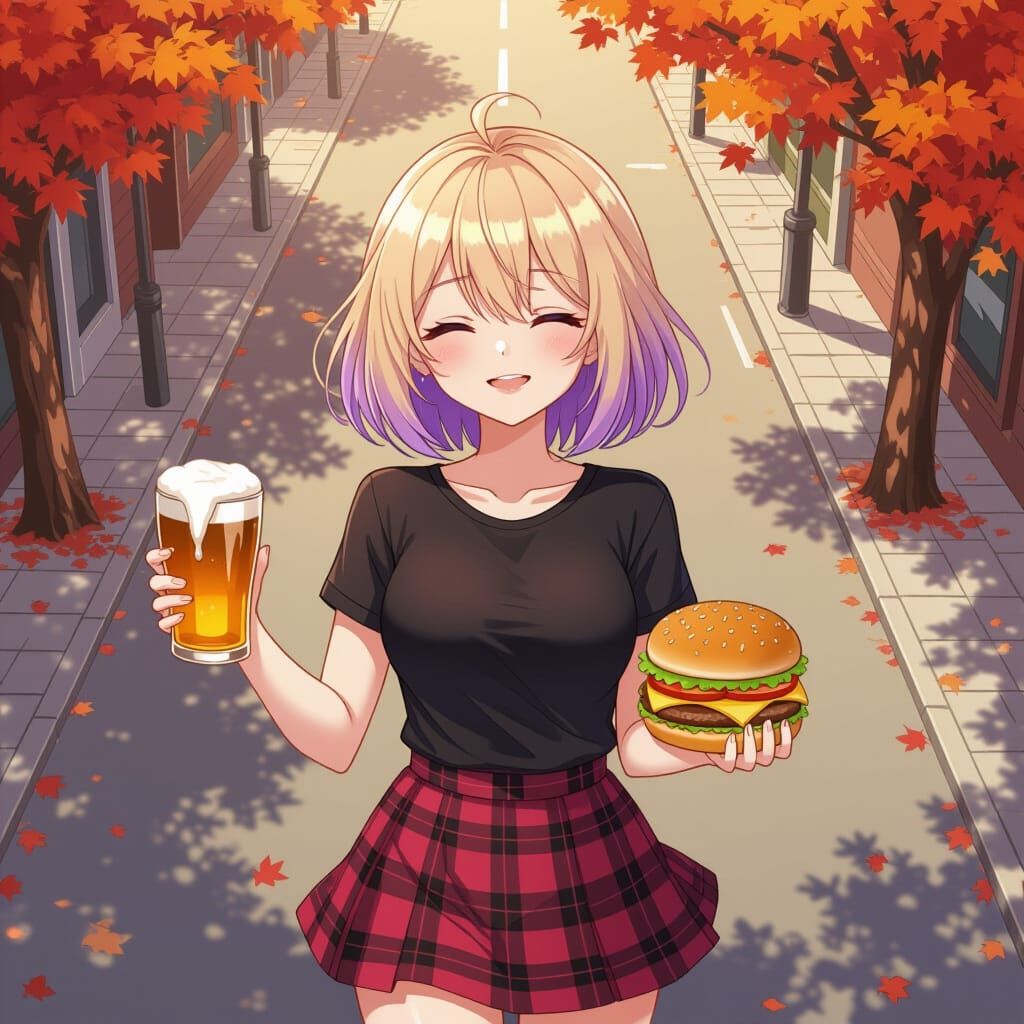 Anime Girl in Autumn Street as Comic Book Art