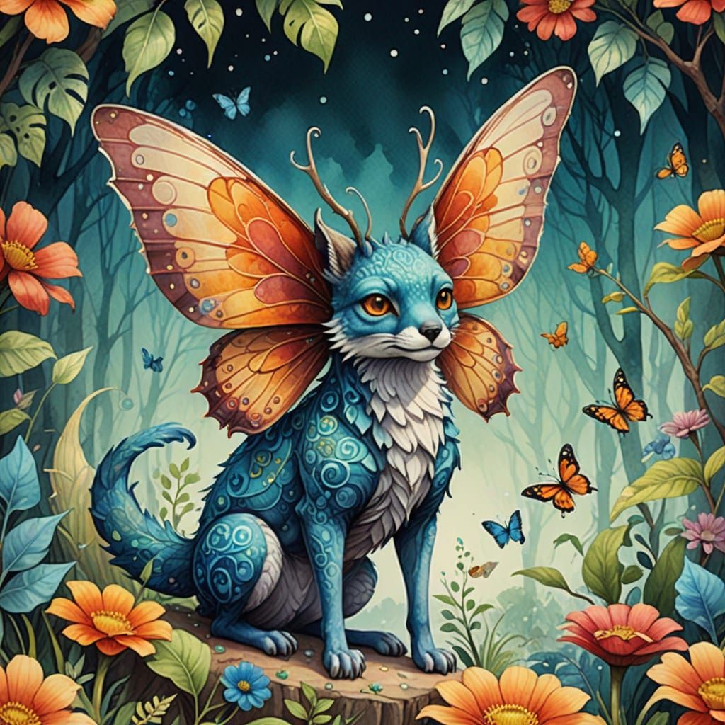 Dreamlike Hybrid Creature with Butterfly Wings and Fox Fur