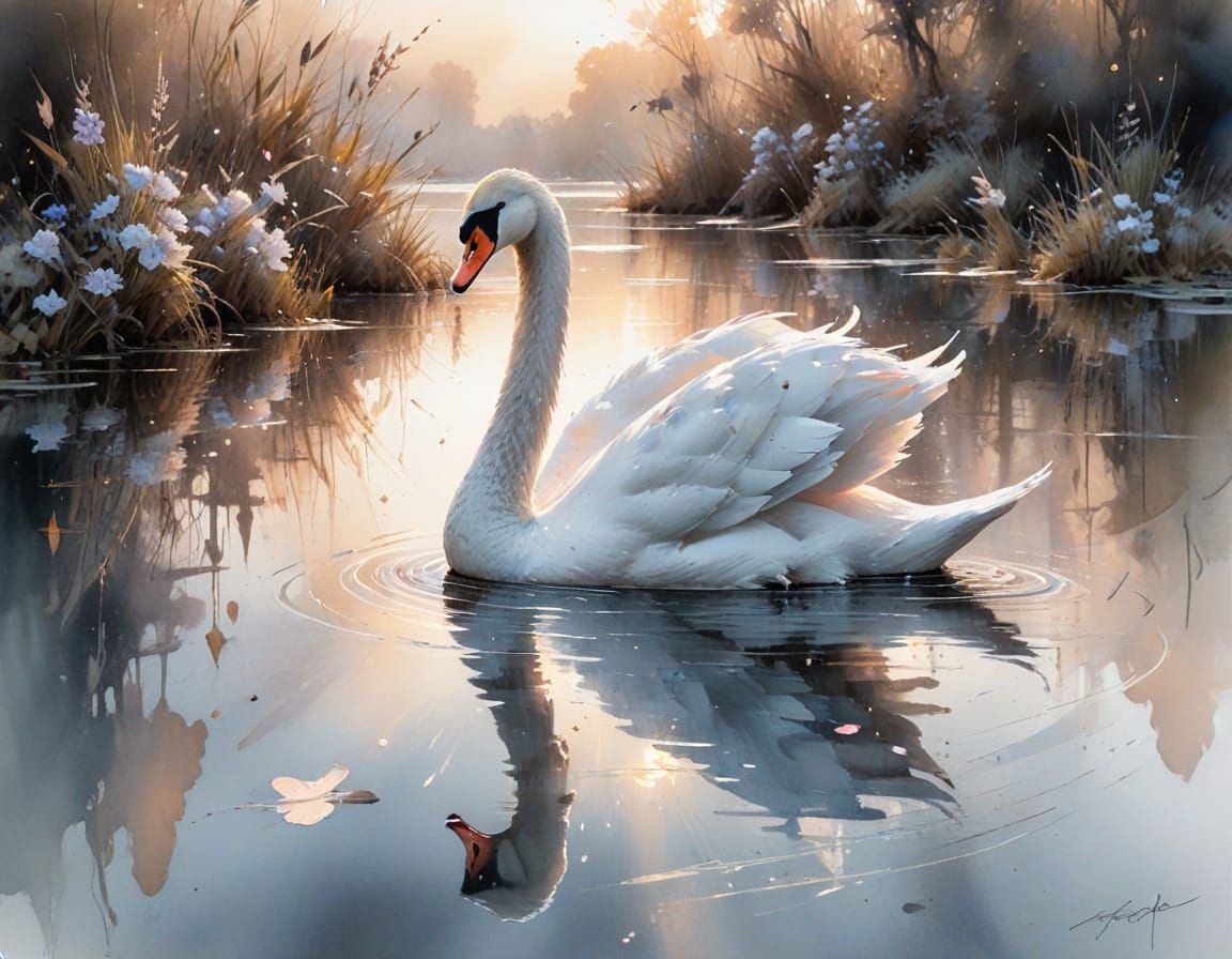 Elegant Swan on Lake: Watercolour Art