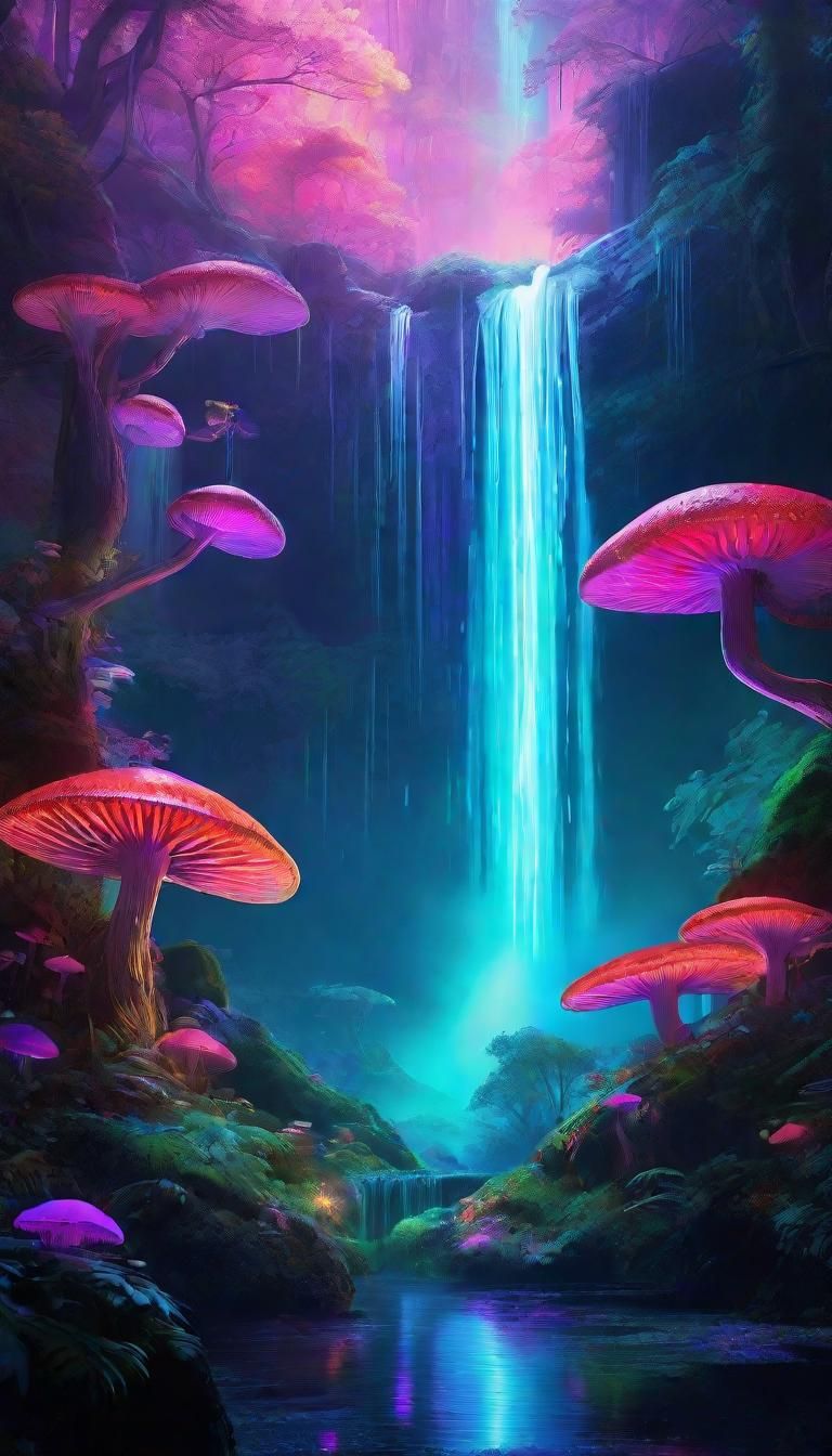 Neon Fantasy Landscape with Glowing Flora