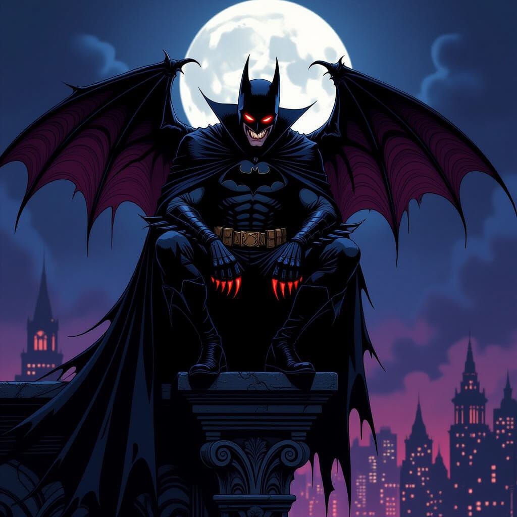 Vampiric Batman Overlooking Moonlit Gotham