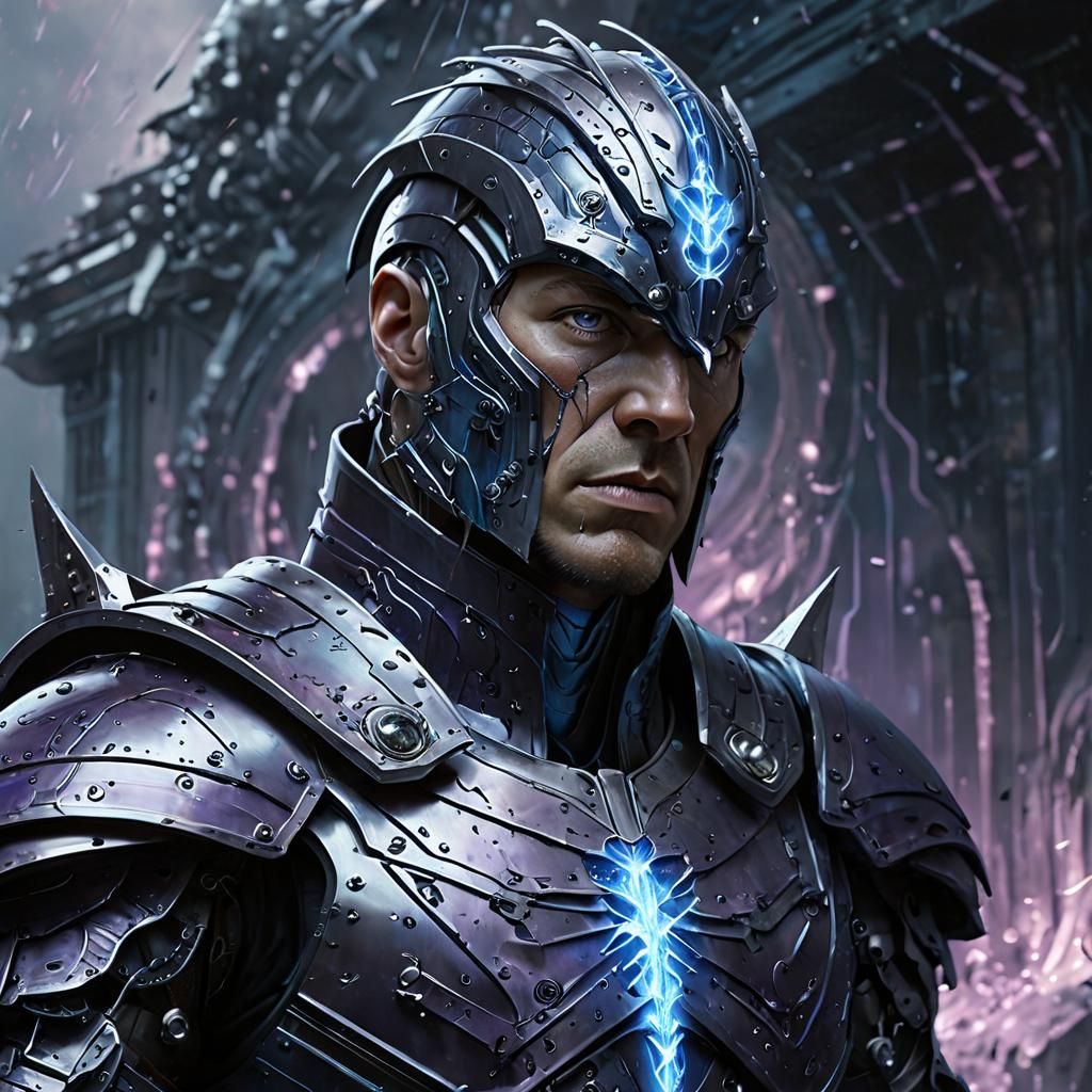 Warrior Weeping in Biomechanical Armor with Lightning