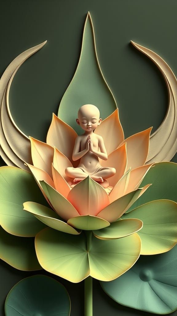 Surreal Lotus Flower with Meditating Boy in Surrealist Style