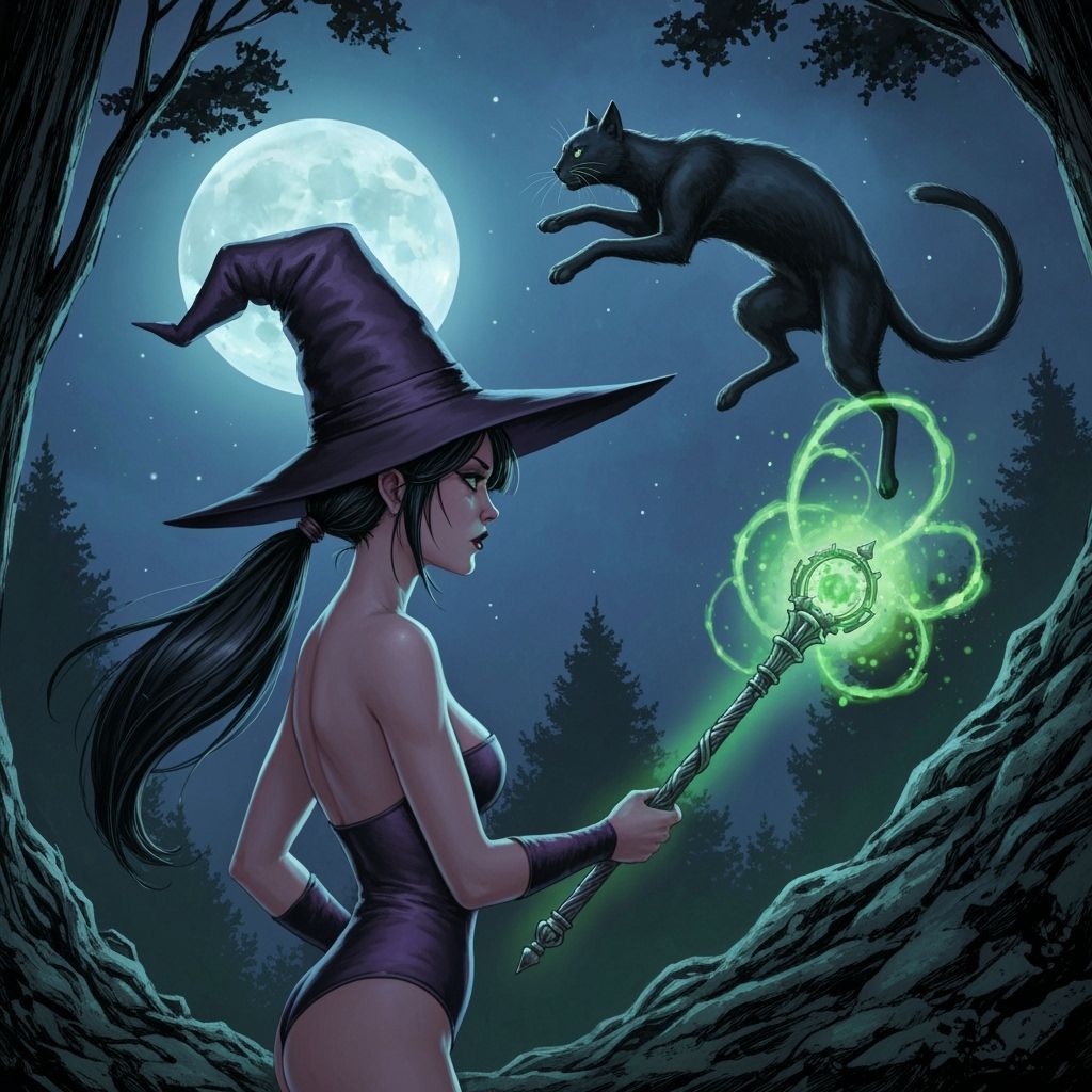 Comic Book Witch Rides Giant Cat in Woods