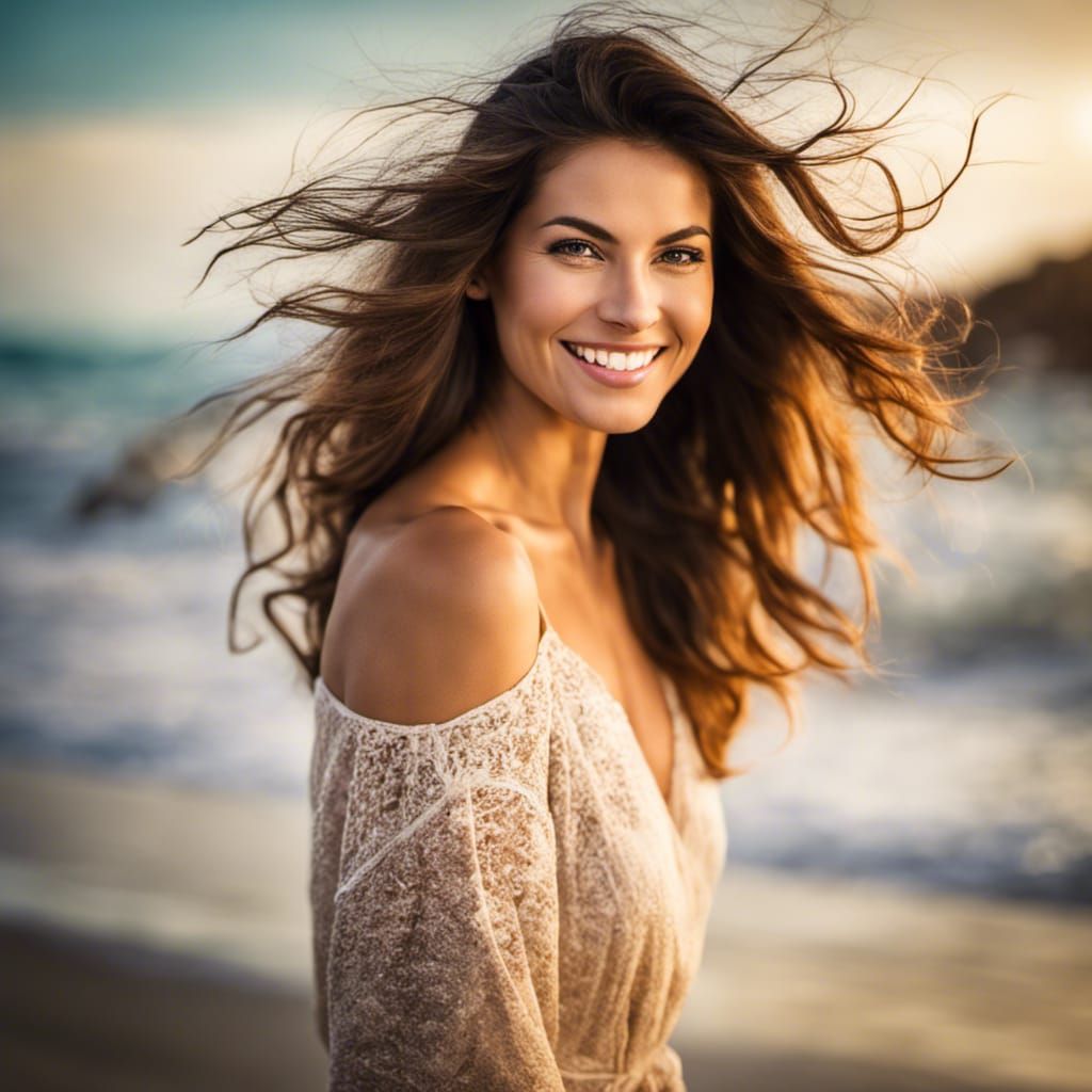Happy Brunette Woman Portrait on Beach
