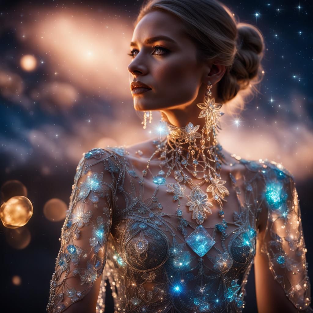 Woman in Glass Dress Portrait with Night Sky