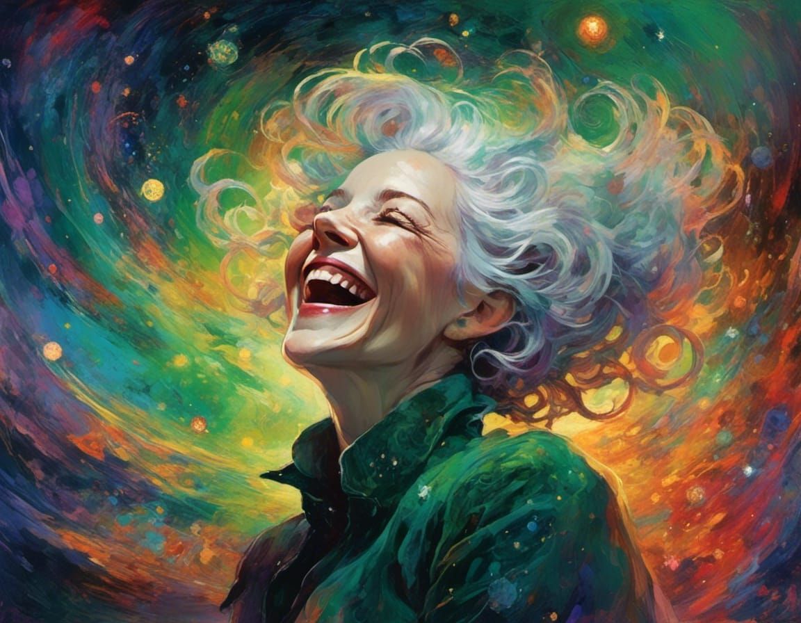 Woman Laughing in a Vibrant Galaxy Scene