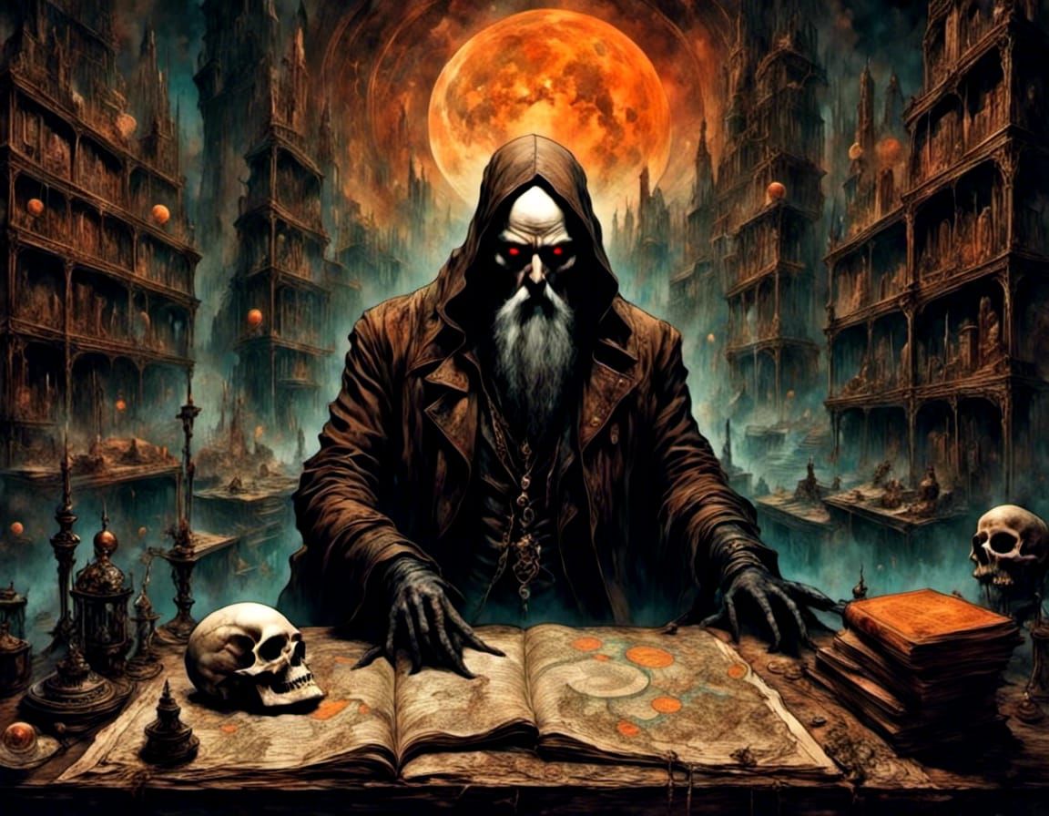 Macabre Man Chatting with Glowing-Eyed Skull