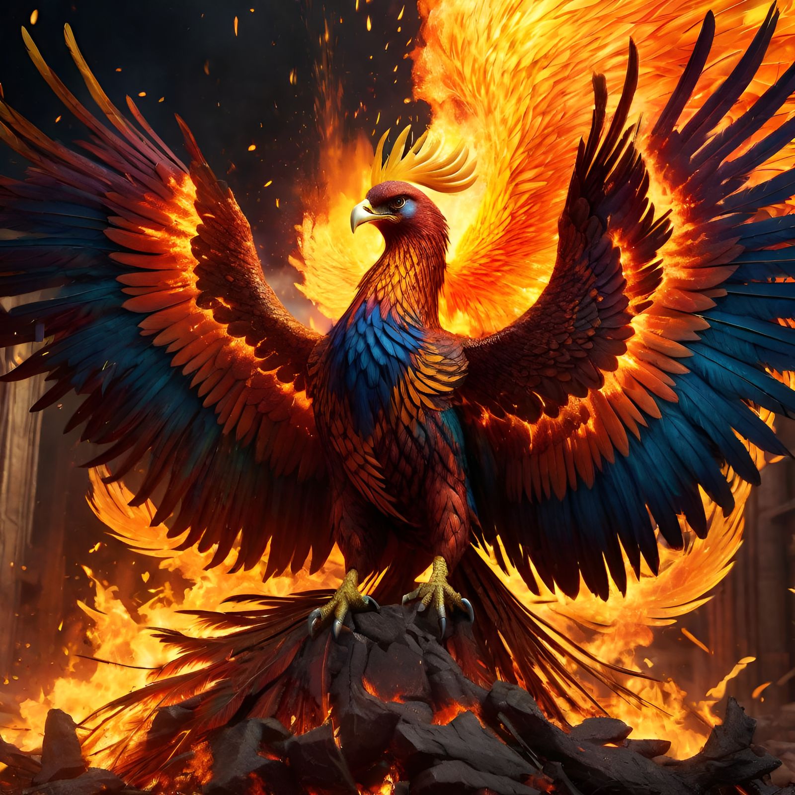 Phoenix Rising from Ashes in Detailed Matte Painting