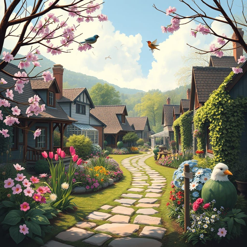 Springtime Village in Vibrant Colors