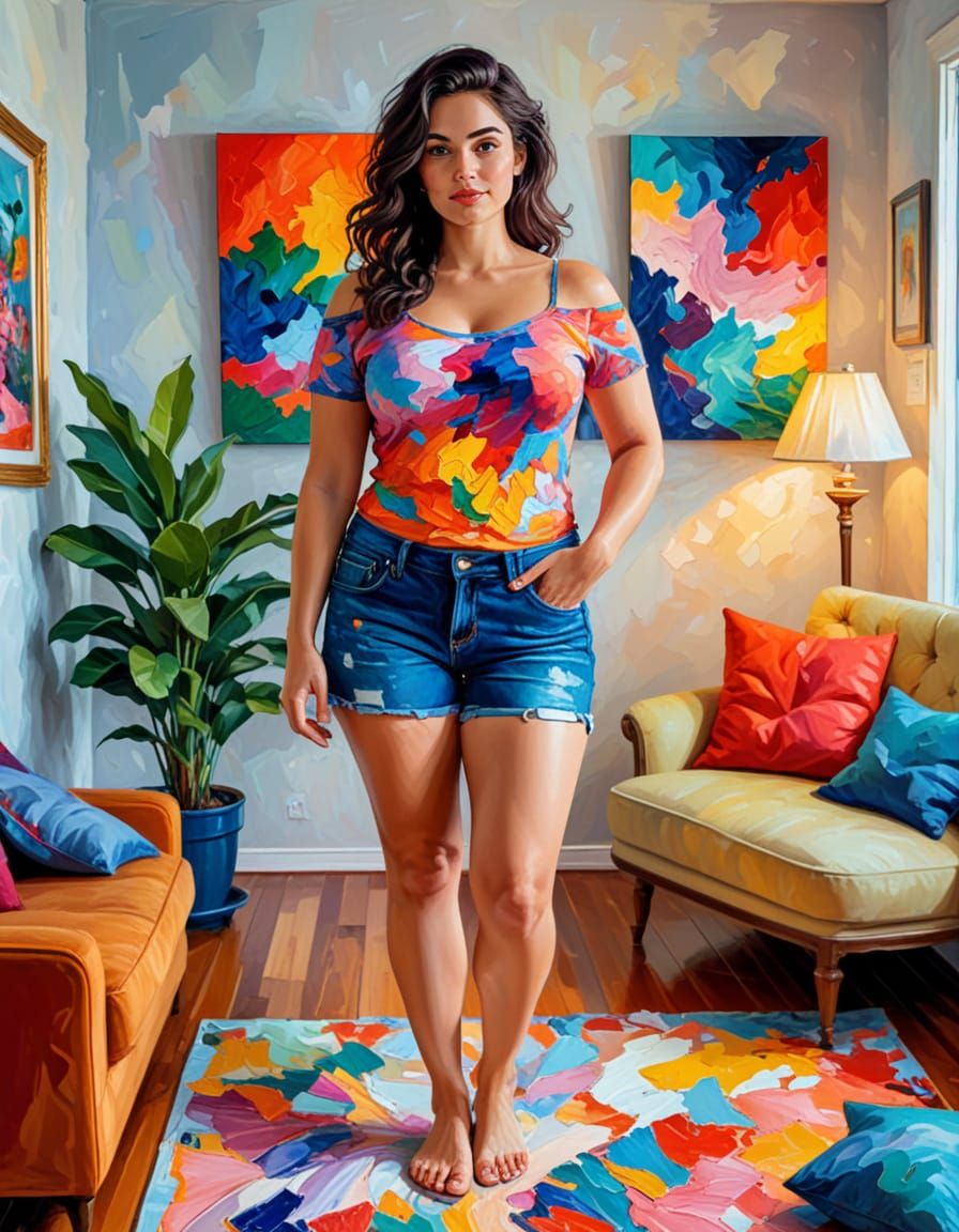 Curvy Woman in Living Room, as Impasto Oil Painting