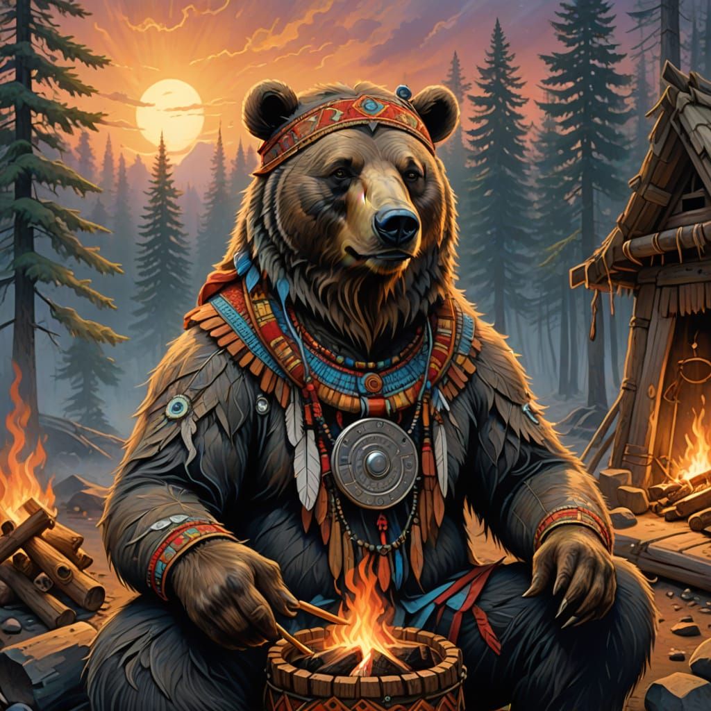 Shaman Bear with Tambourine in Taiga Campfire