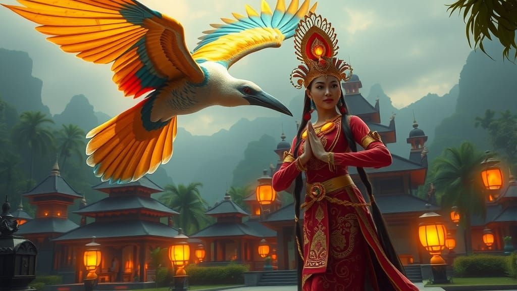 Mystical Bird Over Balinese Temple, Digital Art