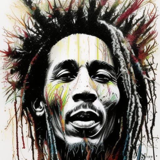 Bob Marley Portrait in Ink and Watercolor