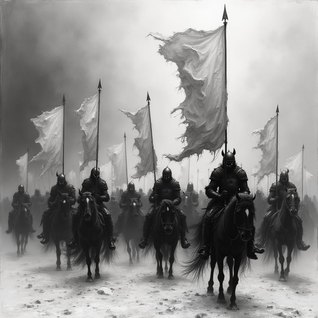 Dark Silhouettes of Armored Men and Horses in a Ghostly Proc...