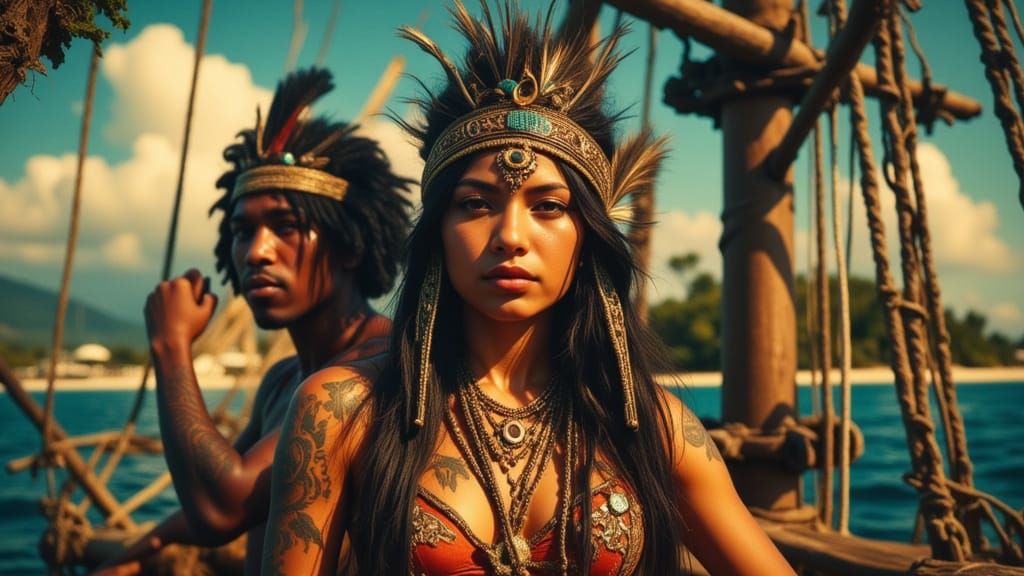 Polynesian Sailors in South Seas, Stylized Fantasy Art