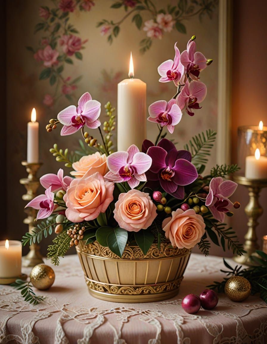 Golden Rococo Masterpiece with Dreamy Bouquet and Candle