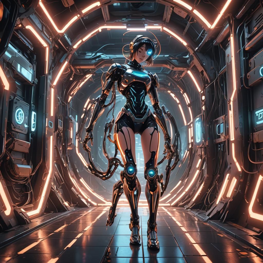 Cyborg Girl Walks Through Neon Portal: 3D Anime Art